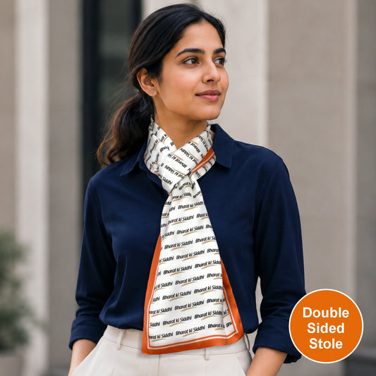 Your Name Bharat Identity Personalised Modal Silk Stole | Unisex | White & Saffron | Dual-Sided Print