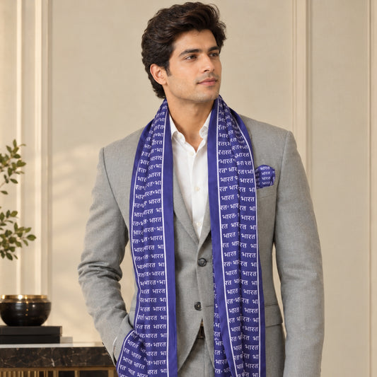 Bharat Signature Print | Premium Modal Silk Stole and Pocket Square Set | Blue