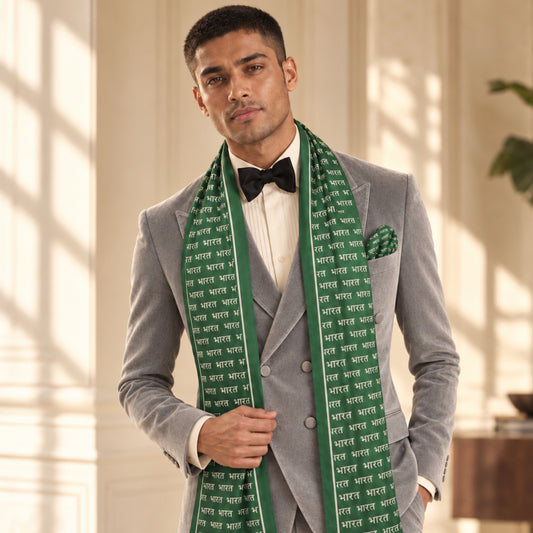 Bharat Signature Print | Premium Modal Silk Stole and Pocket Square Set | Dark Green