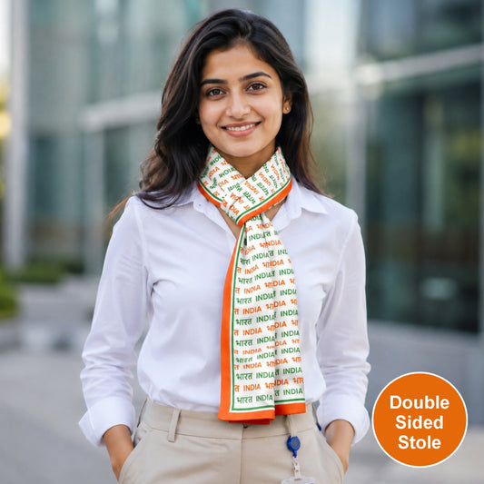 India Bharat Modal Silk Stole | Unisex | White & Tricolour | Dual Side Print