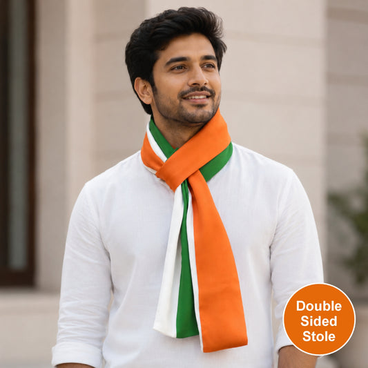 Classic Tricolour Modal Silk Stole | Unisex | Saffron, White & Green | Dual Side Print