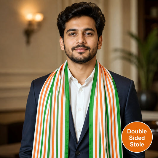 Tricolour Stripes Modal Silk Stole | Unisex | Saffron, White & Green | Dual Side Print