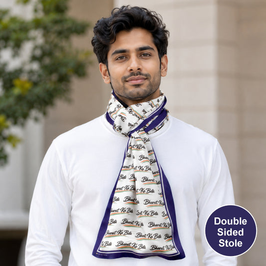 Bharat Ka Beta Modal Silk Stole | Unisex | White & Blue | Dual Side Print