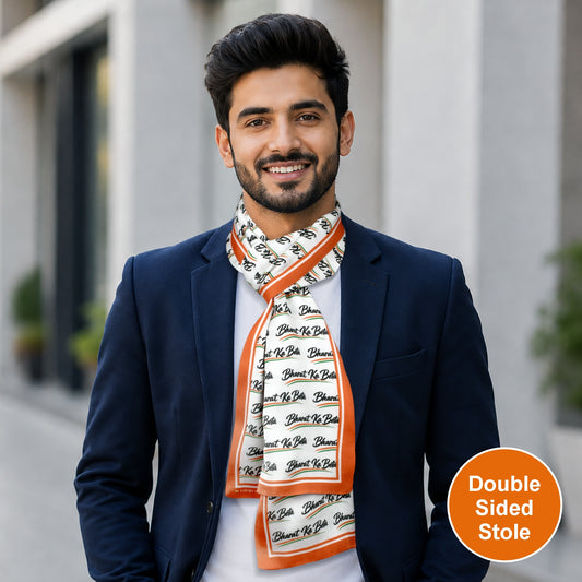 Bharat Ka Beta Modal Silk Stole | Unisex | White & Saffron | Dual Side Print