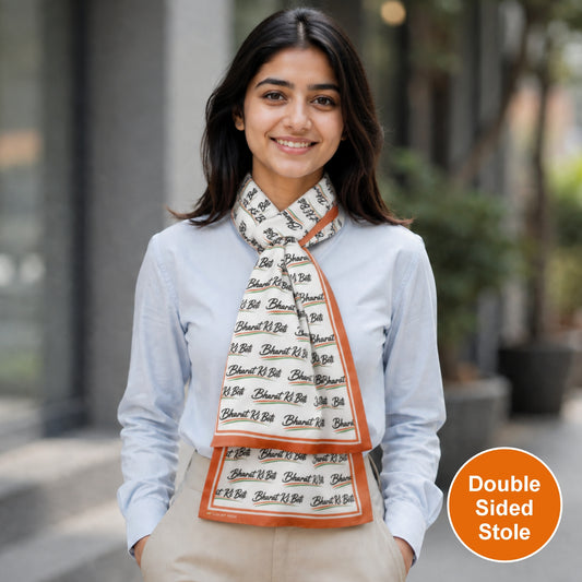 Bharat Ki Beti Modal Silk Stole | White & Saffron | Dual Side Print