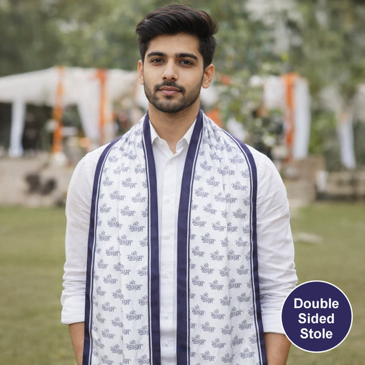 Vande Mataram Modal Silk Stole | Unisex | White & Blue | Dual Side Print