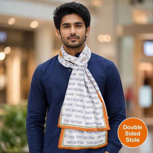 Vande Mataram Modal Silk Stole | Unisex  | White & Tricolour | Dual Side Print