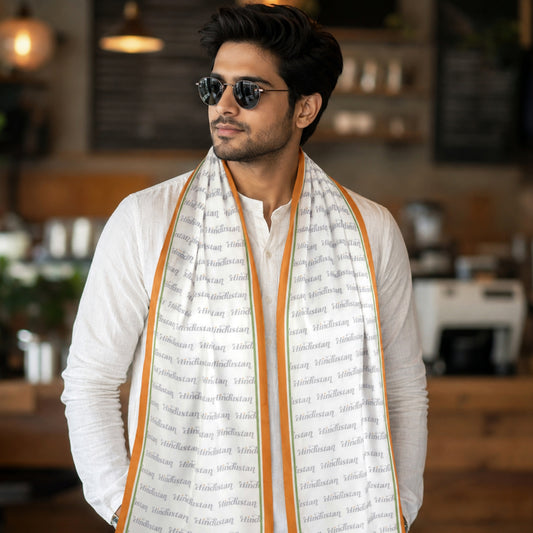 Hindustan Modal Silk Stole | Unisex  | White & Tricolour | Dual Side Print