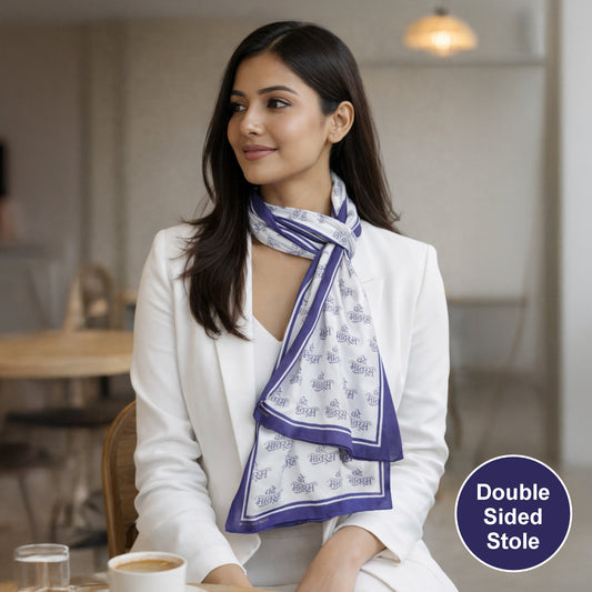 Vande Mataram Modal Silk Stole | Unisex | White & Blue | Dual Side Print