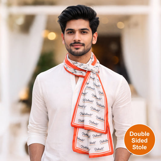 Nationalist Modal Silk Stole | Unisex | White & Saffron | Dual Side Print