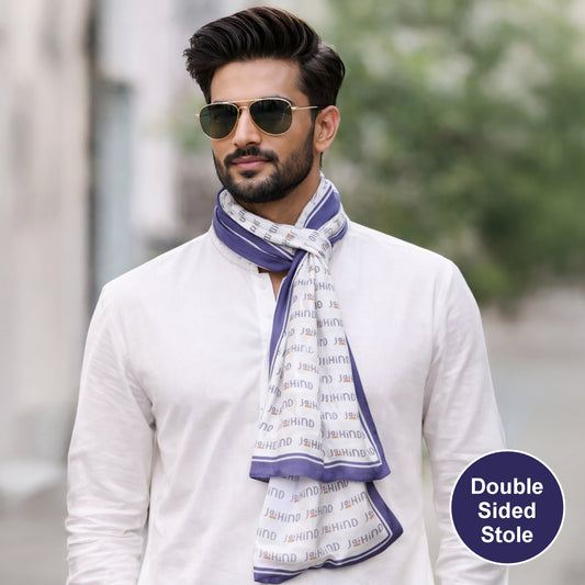 Jai Hind Modal Silk Stole | Unisex  | White & Blue | Dual Side Print