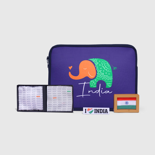 Gift Hamper | Luv My India Gift Hamper For Corporate & Personal Gifting | Khadi Tiranga 4×3 Brown Frame | Tiranga Elephant Laptop Bag | I Love India Fridge Magnet | Bharat Design Pocket Square and Scarf Combo