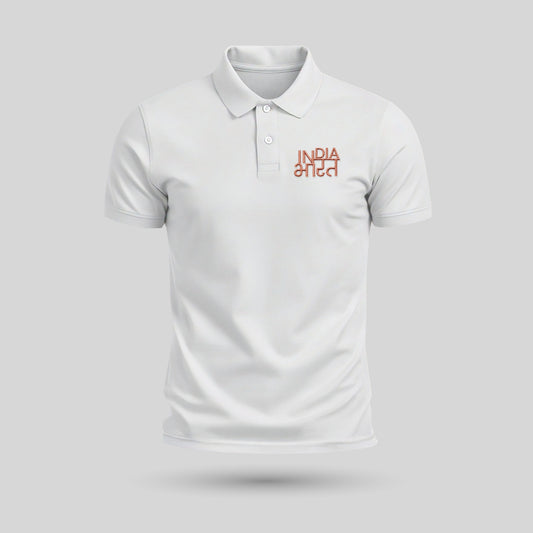 India Bharat | Metallic / Zari Thread Rose Gold Embroidery | PCPQ Polo Neck Unisex T-Shirt | Pure Cotton Luv My India Fashion | Patriotic T-Shirt