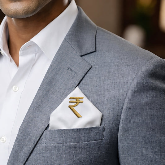 Indian Rupee Symbol | Bemberg Raw Silk Pocket Square with Zari Embroidery