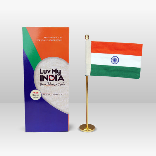 Single Stand Khadi Tiranga / Tricolour Flag For Office Desk And Table | Luv My India 6x4 Inches Indian National Flag With Metal Stand