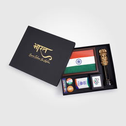 Gift Hamper | Luv My India Gift Hamper For Corporate & Personal Gifting | Khadi Tiranga 6x9 Inch Brown Frame | Patriotic Badges | 10 Inch Ashoka Stambh | Paperweight | Fridge Magnet | Bharat Black Frame