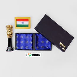 Gift Hamper | Luv My India Gift Hamper For Corporate & Personal Gifting | Khadi Tiranga 4×3 Brown Frame | 10 Inch Black And Golden Ashoka Stambh | I Love India Fridge Magnet | Ashoka Chakra Pocket Square and Scarf Combo