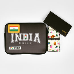 Gift Hamper | Luv My India Gift Hamper For Corporate & Personal Gifting | Khadi Tiranga 4×3 Brown Frame | India Since 1947 Laptop Bag | I Love India Fridge Magnet | National Symbols Pocket Square and Scarf Combo