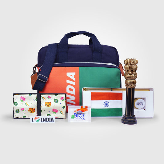 Gift Hamper | Gift Hamper For Corporate & Personal Gifting | 10 Inch Ashoka Stambh | India Tricolour Laptop Bag | I Love India Fridge Magnet | National Symbols Pocket Square and Scarf Combo | Bharat Since 1947 Paperweight | 6x4 Khadi Flag