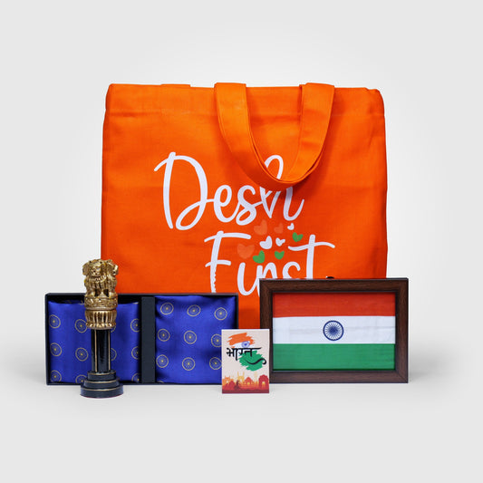 Gift Hamper | Luv My India Gift Hamper For Corporate & Personal Gifting | 6 Inch Black & Golden Ashoka Stambh | Desh First Orange Tote Bag | Ashok Chakra Pocket Square & Scarf Combo | Bharat Fridge Magnet | Khadi Tiranga 6×4 Dark Brown India Flag Frame