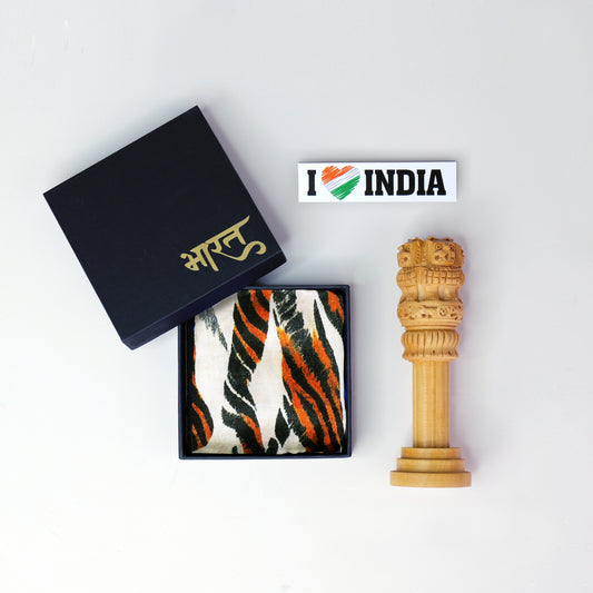 Gift Hamper | Luv My India Gift Hamper For Corporate & Personal Gifting | 6 Inch Wooden Ashoka Stambh | I Love India Fridge Magnet | Ashoka Chakra Pocket Square