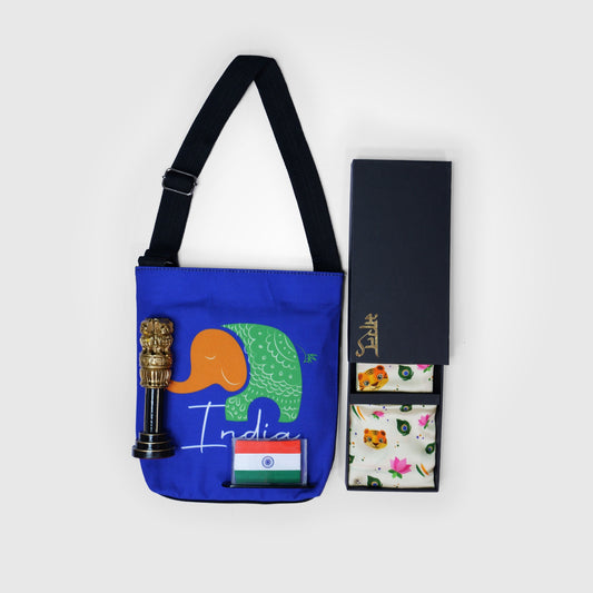 Gift Hamper | Luv My India Gift Hamper For Corporate & Personal Gifting | 8.5 Inch Black And Golden Ashoka Stambh | Tiranga Elephant Sling Bag | National Symbols Pocket Square and Scarf Combo | Khadi Tiranga 3x2 Table Plate