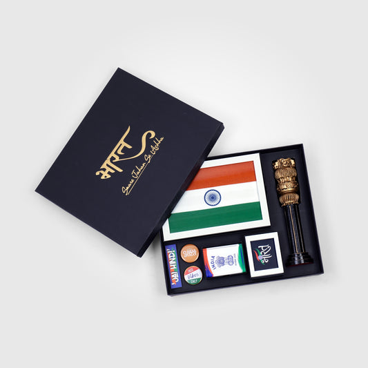 Gift Hamper | Luv My India Gift Hamper For Corporate & Personal Gifting | Khadi Tiranga 6x9 Inch White Frame | Patriotic Badges | 10 Inch Ashoka Stambh | Paperweight | Fridge Magnet | Bharat White Frame