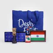 Gift Hamper | Luv My India Gift Hamper For Corporate & Personal Gifting | 6 Inch Black And Golden Ashoka Stambh | Desh First Blue Tote Bag | Ashok Chakra Pocket Square and Scarf Combo | Bharat Fridge Magnet | Khadi Tiranga 6×4 Dark Brown Frame