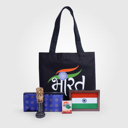 Gift Hamper | Luv My India Gift Hamper For Corporate & Personal Gifting | 6 Inch Black And Golden Ashoka Stambh | Desh First Black Tote Bag | Ashok Chakra Pocket Square and Scarf Combo | Bharat Fridge Magnet | Khadi Tiranga 6×4 Dark Brown Frame