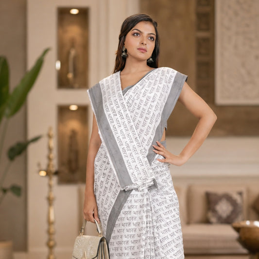 Bharat Grey Extra-fine Cotton Saree | Elegant Hand-block Design
