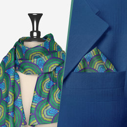 His & Her Set | Peacock Feathers | Luv My India Premium Pocket Square And Scarf Combo | Digital Print Patriotic Combo | 33x33 CM Bemberg Vegan Silk Pocket Square | 150x45 CM Bemberg Vegan Silk Scarf