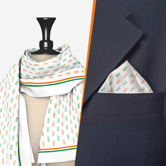 His & Her Set | Bharat In Tricolour | Luv My India Premium Pocket Square And Scarf Combo | Digital Print Patriotic Combo | 33x33 CM Bemberg Vegan Silk Pocket Square | 150x45 CM Bemberg Vegan Silk Scarf
