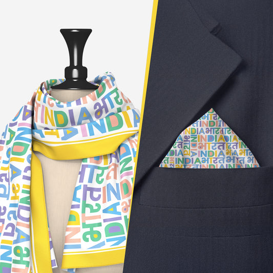 India Bharat Pop Typography Pocket Square & Scarf Combo | Yellow Border