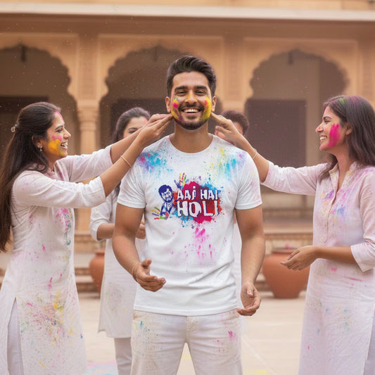 Luv My India Round Neck T-shirt | Pure Cotton Aaj Holi Hai Print | White Unisex Holi T-shirt