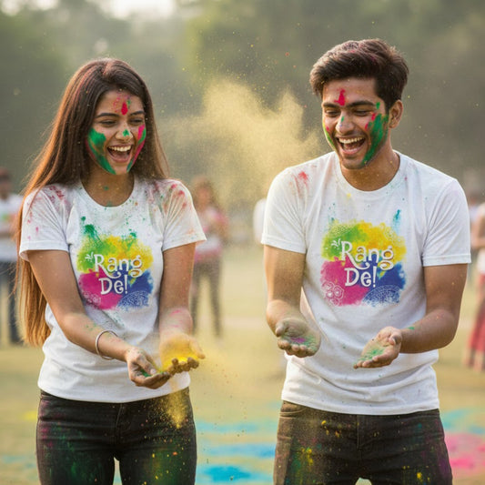 Luv My India Round Neck T-shirt | Pure Cotton Rang De Print | White Unisex Holi T-shirt