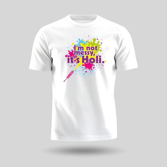 Luv My India Round Neck T-shirt | Pure Cotton Messy Holi Print | White Unisex Holi T-shirt