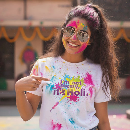 Luv My India Round Neck T-shirt | Pure Cotton Messy Holi Print | White Unisex Holi T-shirt