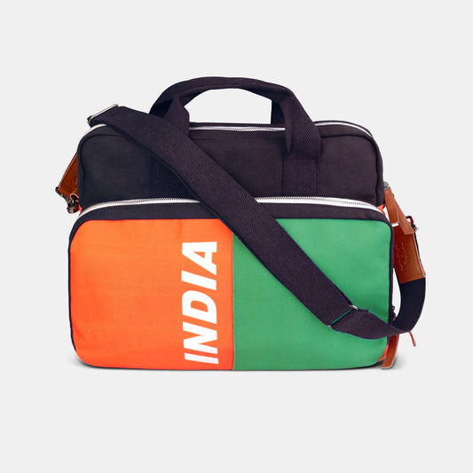 India Tricolour | Patriotic Sleeve Case Cover Laptop Bag For Men & Women | Luv My India 17x14 Inch Waterproof Shock Absorber Laptop/MacBook, Office/College Laptop Bag | Cotton Canvas Black Interior | Professional Laptop Bag