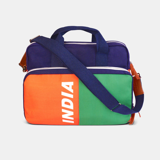 India Tricolour | Patriotic Sleeve Case Cover Laptop Bag For Men & Women | Luv My India 17x14 Inch Waterproof Shock Absorber Laptop/MacBook, Office/College Laptop Bag | Cotton Canvas Blue Interior | Professional Laptop Bag