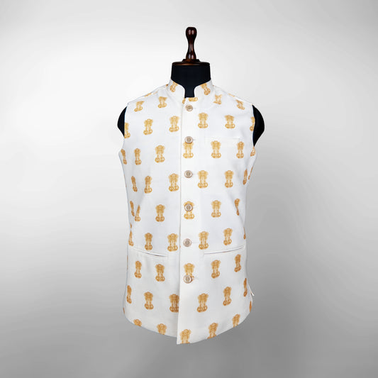 Ashoka Emblem Print | Ivory & Gold | Ethnic Jacket | Authentic Cartier Silk