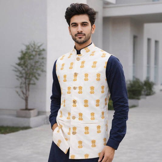 Ashoka Emblem Print | Ivory & Gold | Ethnic Jacket | Authentic Cartier Silk