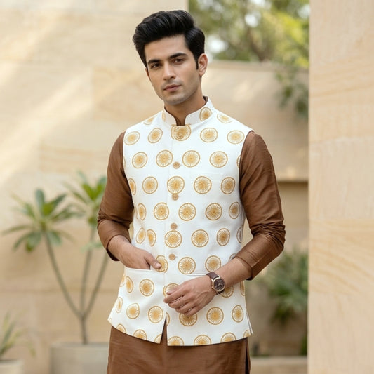 Ashoka Chakra Print | Ivory & Gold | Ethnic Jacket | Authentic Cartier Silk