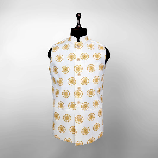 Ashoka Chakra Print | Ivory & Gold | Ethnic Jacket | Authentic Cartier Silk
