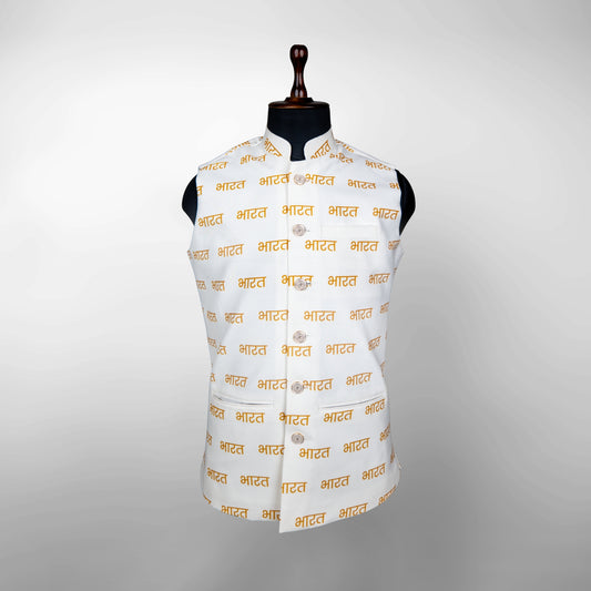 Bharat Typography Print | Ivory & Gold | Ethnic Jacket | Authentic Cartier Silk