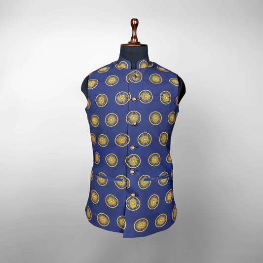 Ashoka Chakra Print | Royal Blue & Gold | Ethnic Jacket | Authentic Cartier Silk