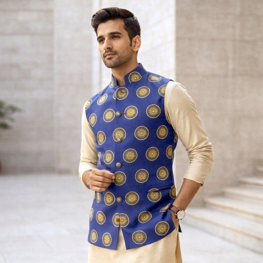 Ashoka Chakra Print | Royal Blue & Gold | Ethnic Jacket | Authentic Cartier Silk