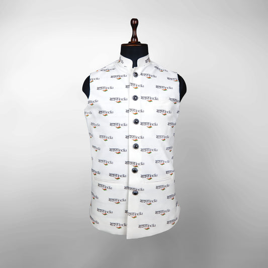 Bharat India Typography Print | Ivory | Ethnic Jacket | Authentic Cartier Silk