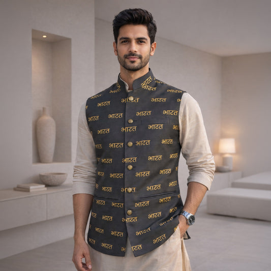 Bharat Typography Print | Charcoal Black & Gold | Ethnic Jacket | Authentic Cartier Silk