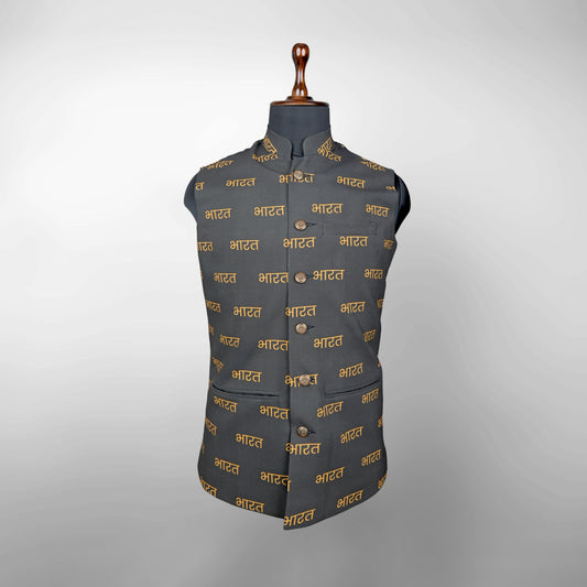 Bharat Typography Print | Charcoal Black & Gold | Ethnic Jacket | Authentic Cartier Silk