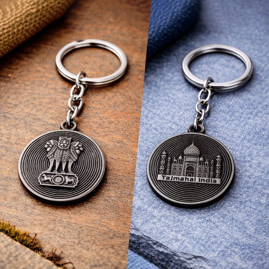 Ashoka Lion Capital & Taj Mahal Dual Emblem | Metal Keychain | Matte Grey Finish